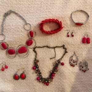 Bold Pink and Silver Necklaces, Bracelet, and Earrings Lot